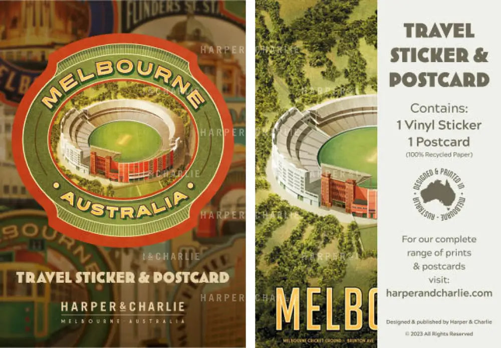 Melbourne Cricket Ground Travel Sticker & Postcard Pack Label by Harper and Charlie