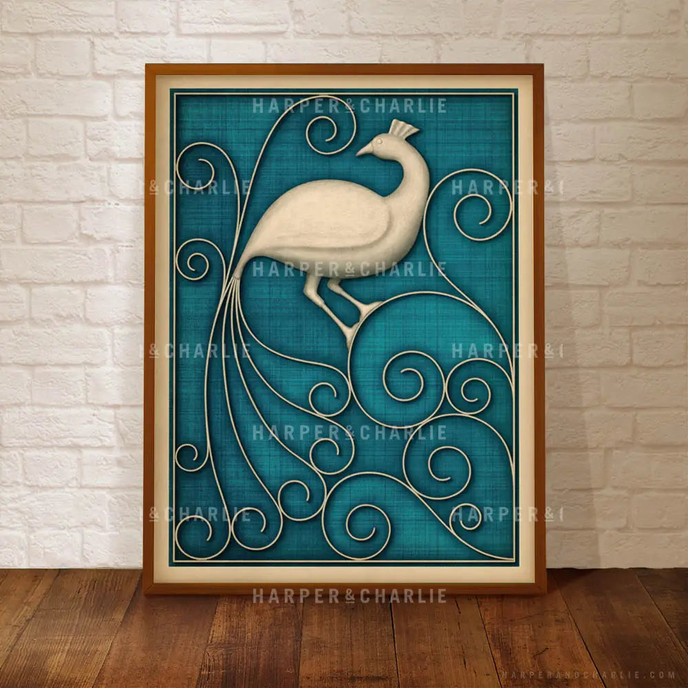 Mid Century Decorative Peacock Art Print Framed Blue by Harper & Charlie