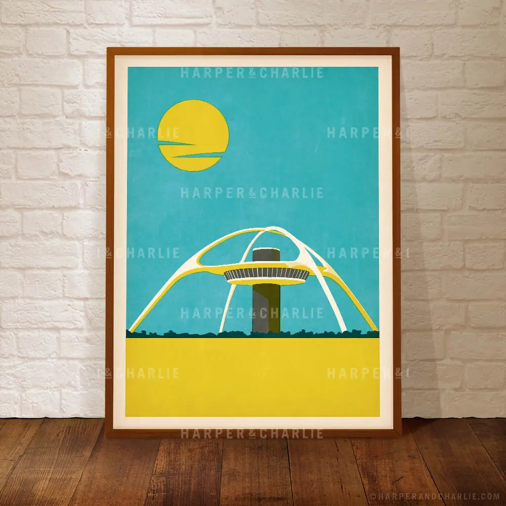 The Theme Building, Los Angeles International Airport LAX Colour Print Blue Sky with Yellow