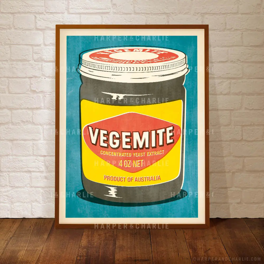 Vegemite Pop Art Colour Print Blue Background by Harper and Charlie