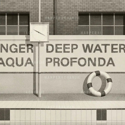 aqua profonda sign fitzroy swimming pool, monochrome Melbourne print close up view