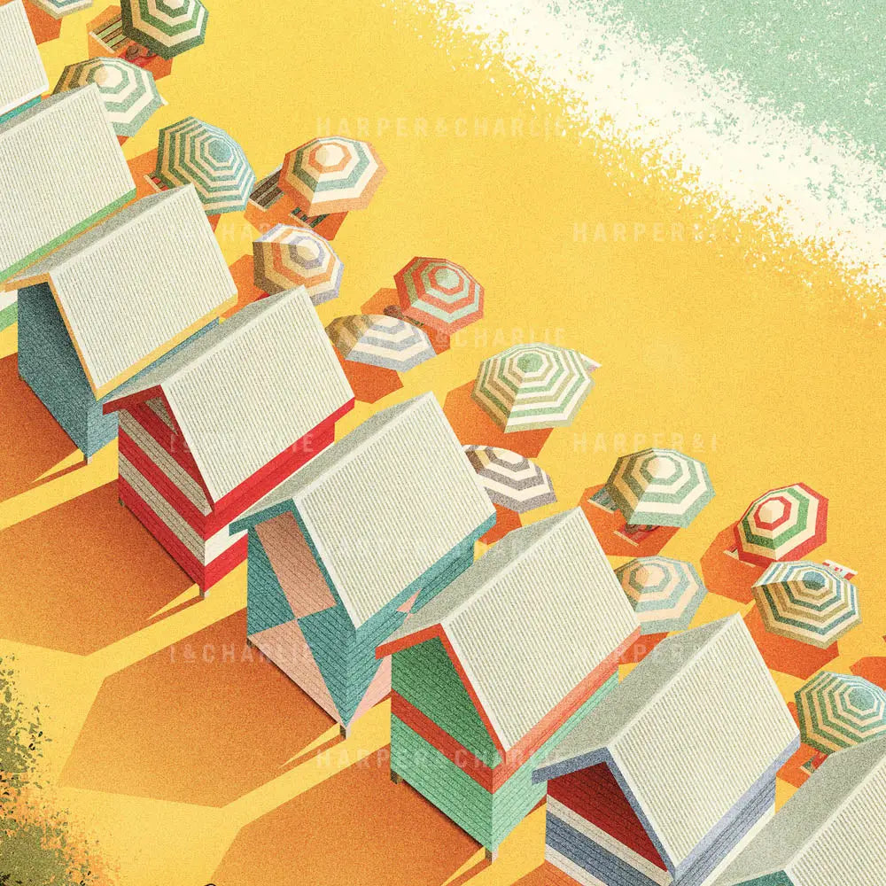 Bathing Boxes Mornington Peninsula colour print, vintage Melbourne Prints