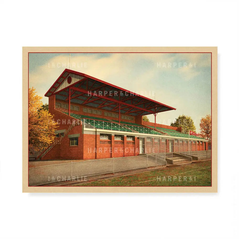 Illustration of Cramer Street Oval grandstand Preston circa 1950