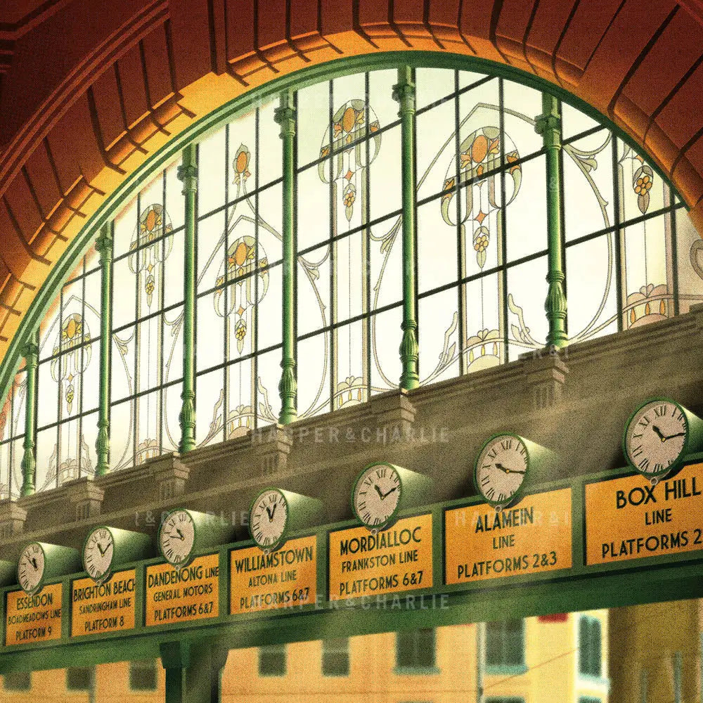 Flinders Street Station Melbourne A Day in Town colour print close up view