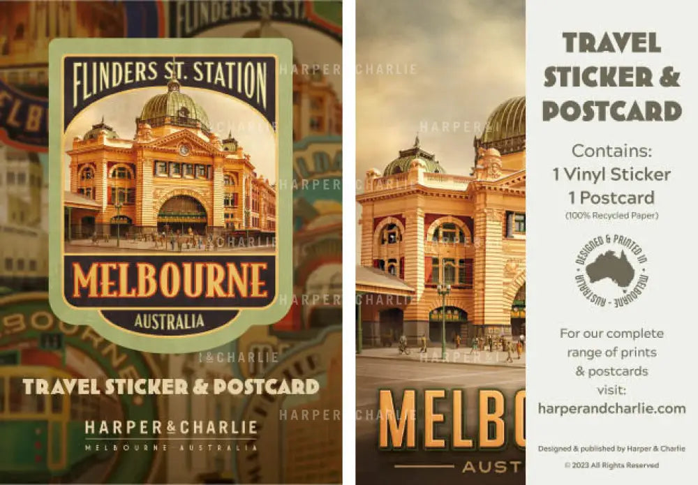 Flinders Street Station Melbourne Travel Sticker &amp; Postcard Pack Label by Harper and Charlie