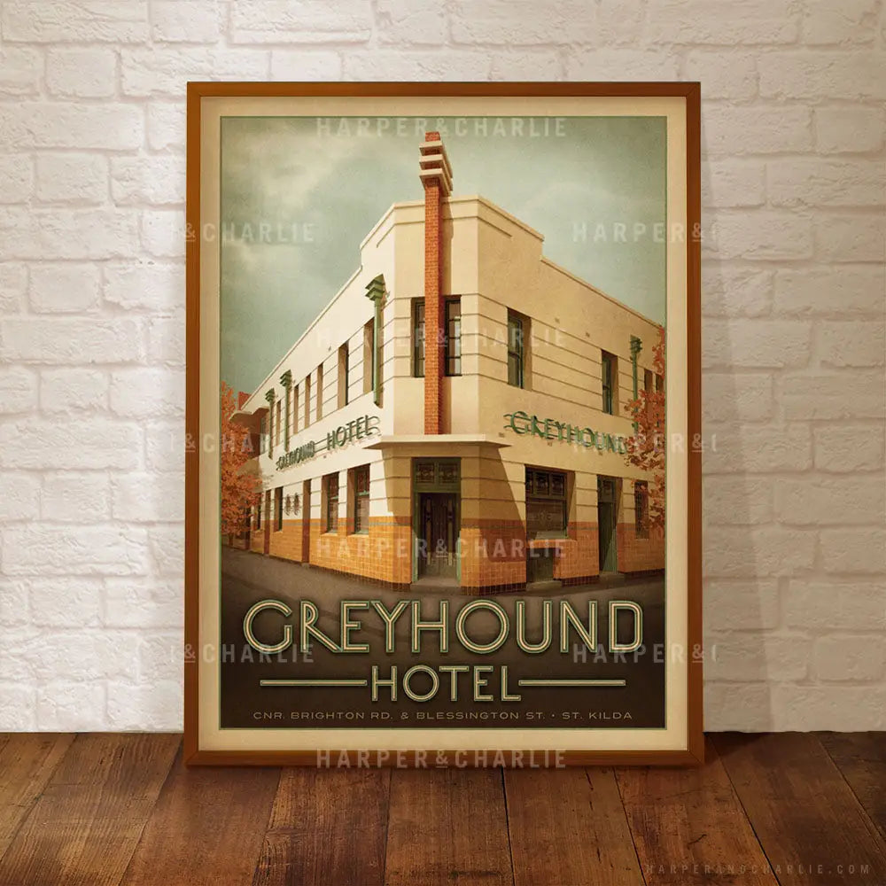 greyhound hotel st kilda colour art print in a picture frame