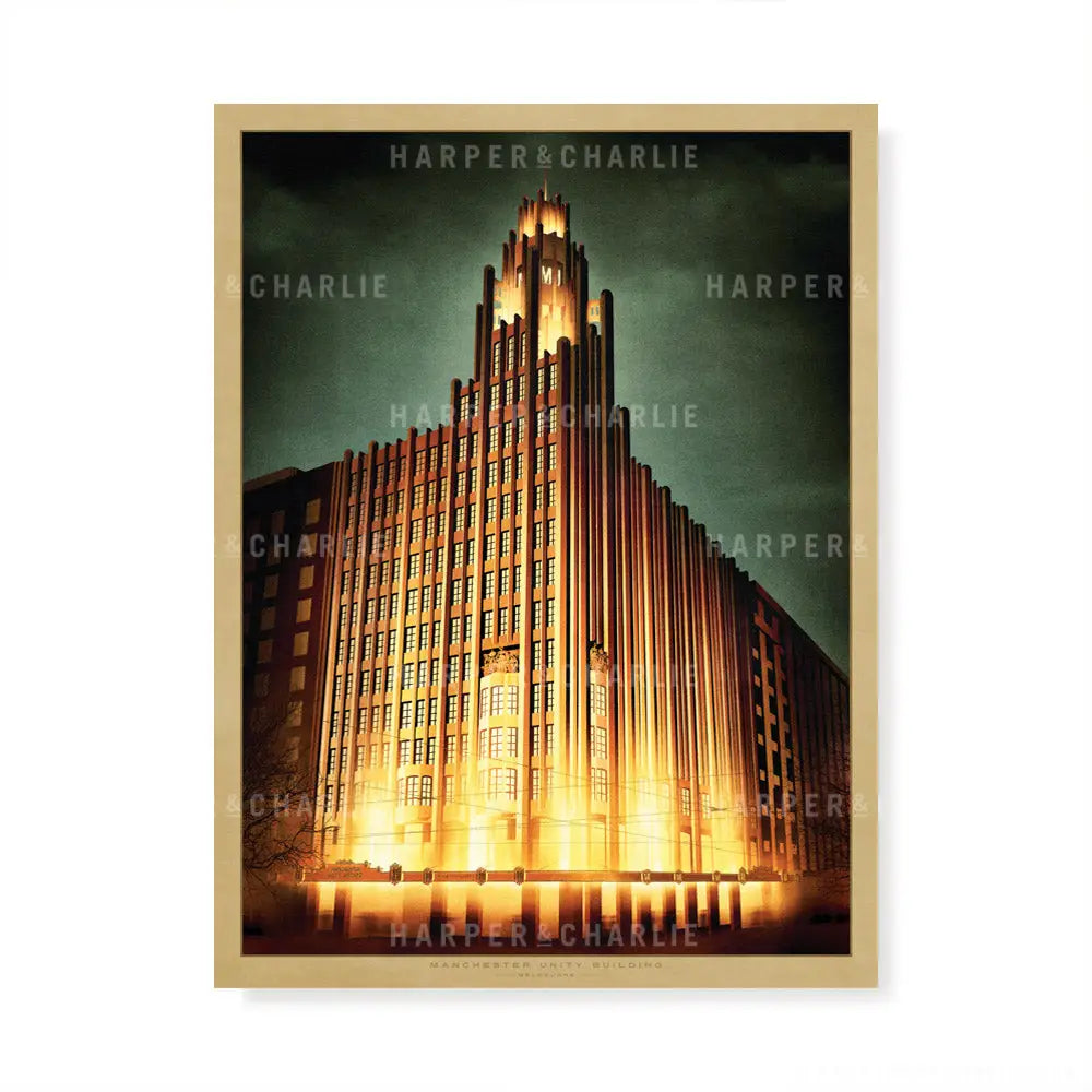 Manchester Unity Building at night colour print by Harper and Charlie