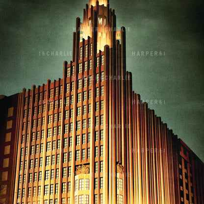 Manchester Unity Building Melbourne at night colour print close up view