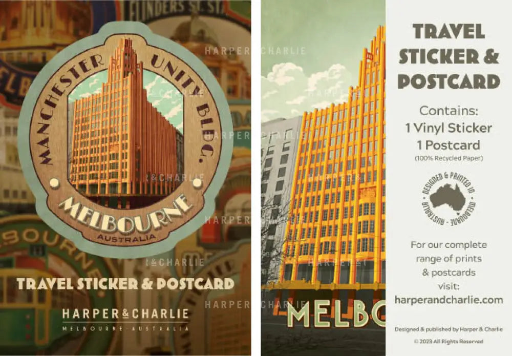 Manchester Unity Building Travel Sticker &amp; Postcard Pack Label Harper and Charlie