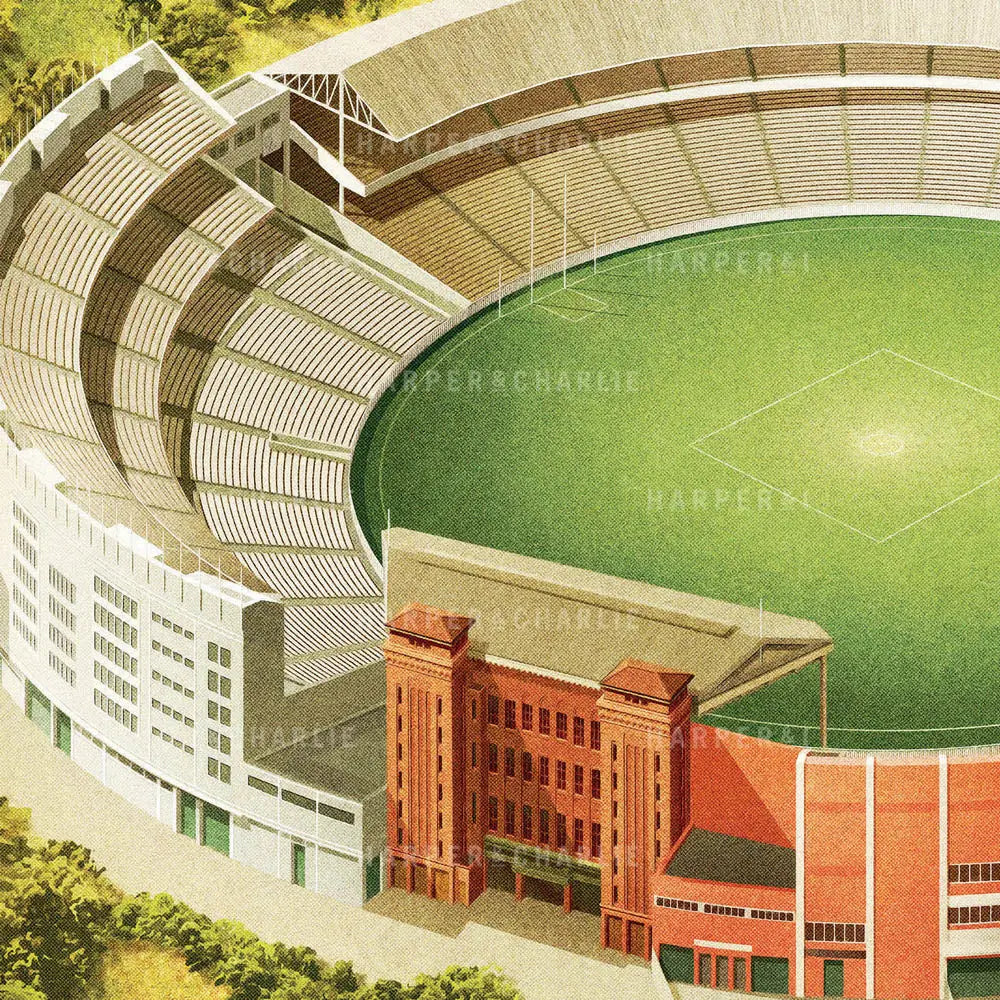 Melbourne Cricket Ground football landscape colour print close up view by Harper and Charlie