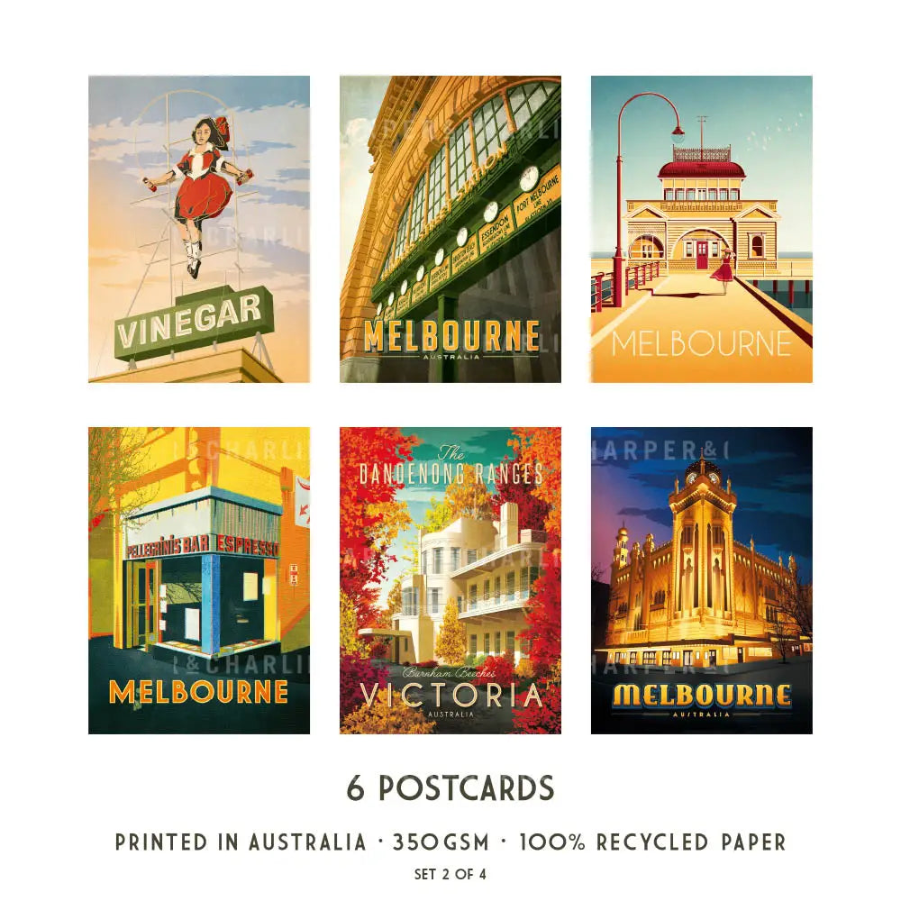 Melbourne Postcard Pack Set 2 including six designs by Harper and Charlie
