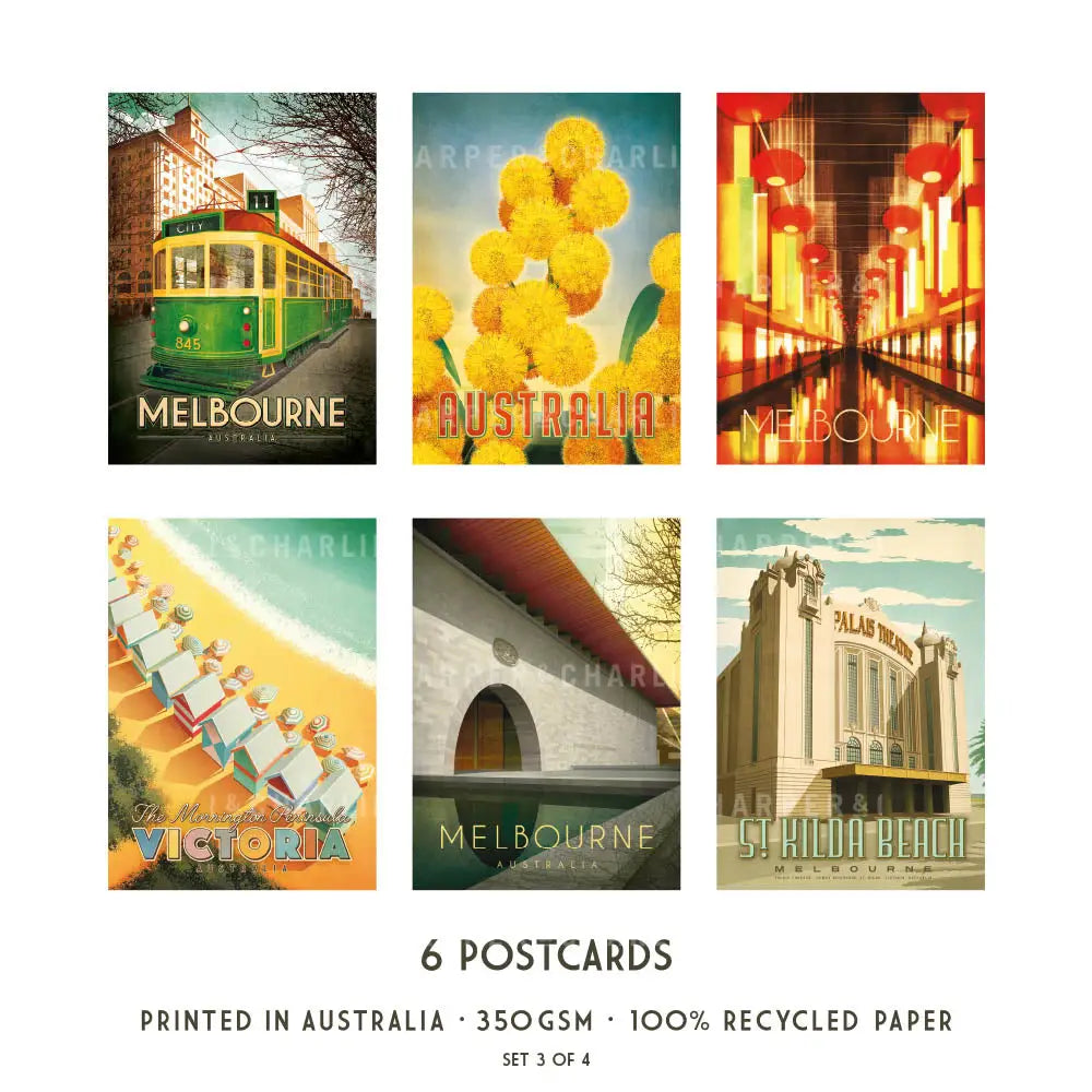 Melbourne Postcard Pack set 6 original designs by Harper and Charlie
