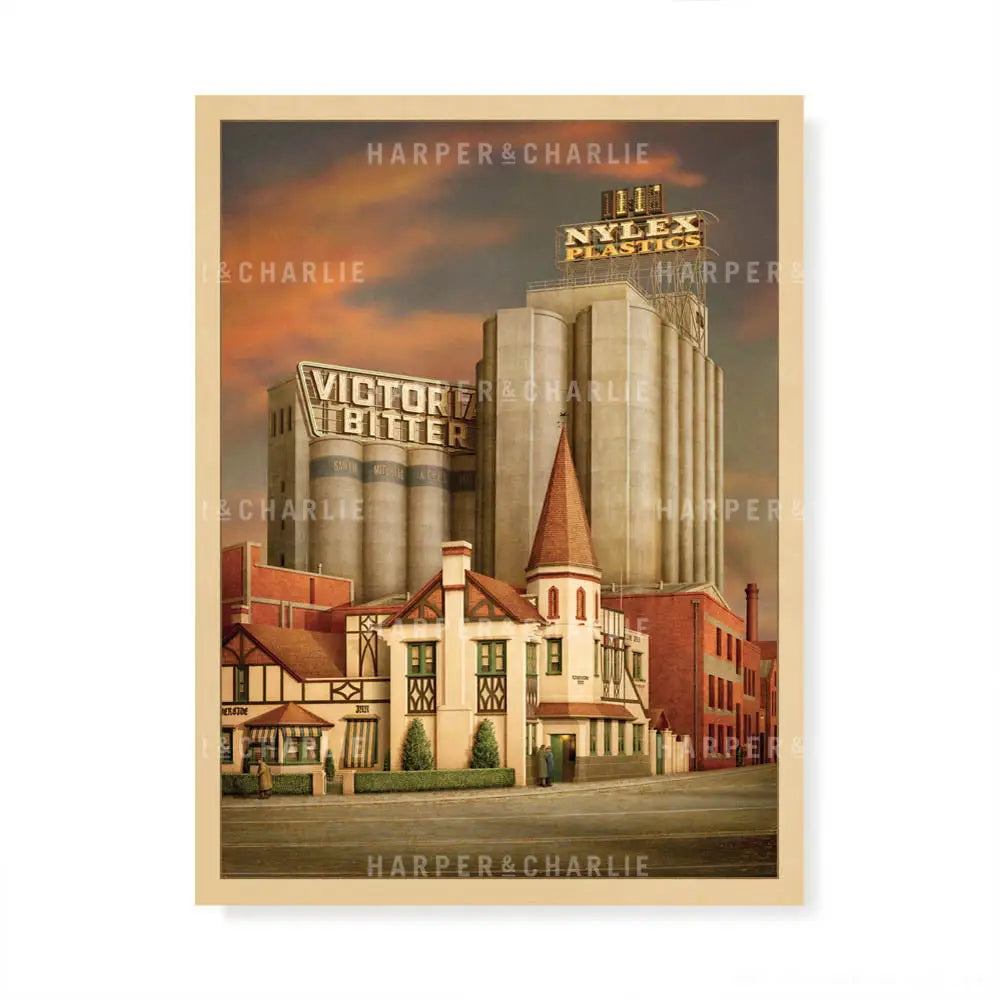 Illustration of the old Riverside Inn located in Richmond with the Nylex Sign in the background