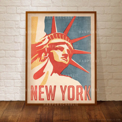 Statue of Liberty, New York Colour Print Blue Sky Framed Print Example