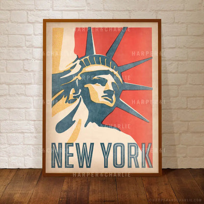 Statue of Liberty, New York Colour Print Red Sky Framed Print Example