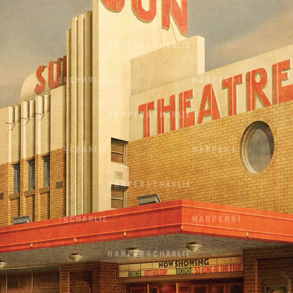 Close up view of the vintage-inspired illustration of the Sun Theatre Yarraville by Harper and Charlie