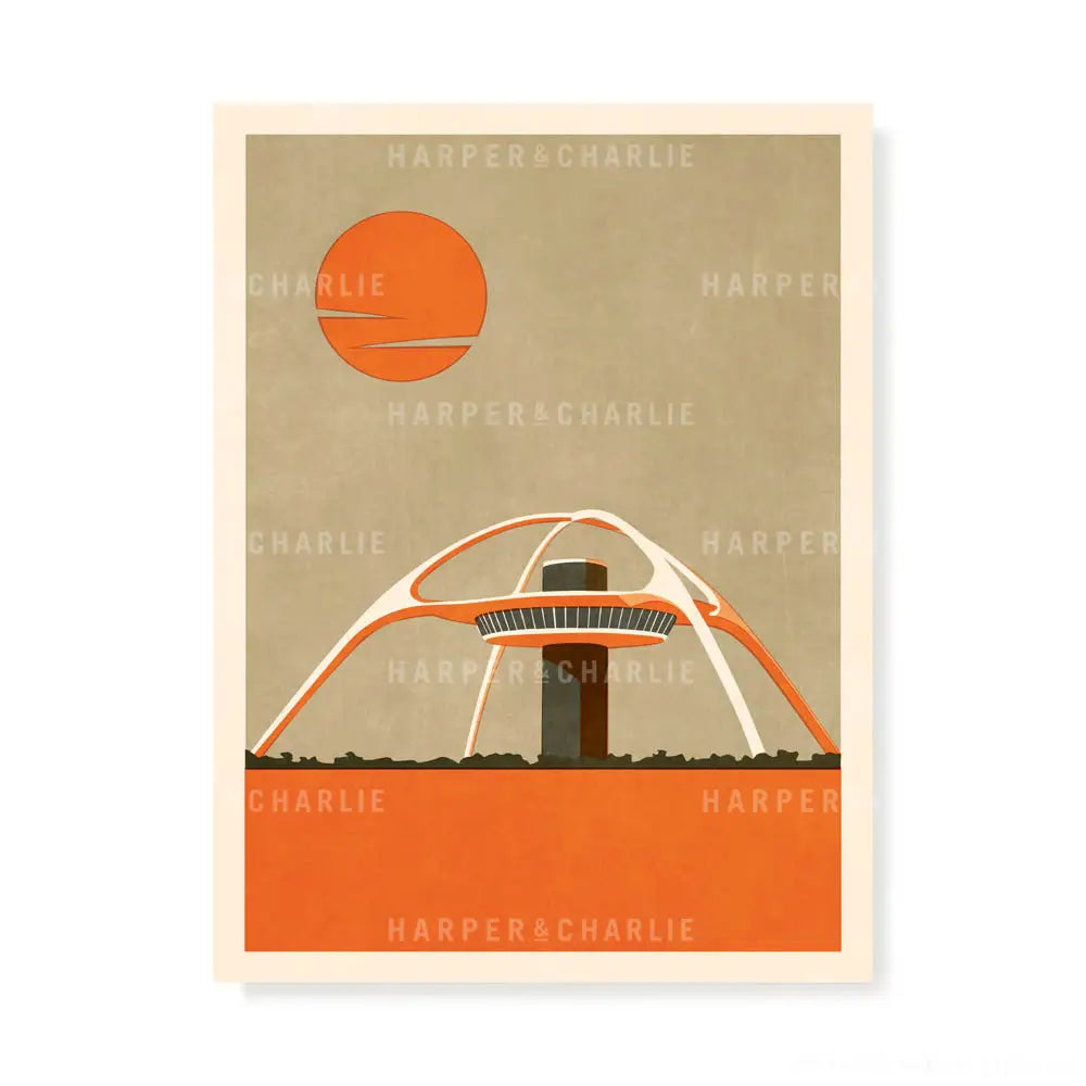 The Theme Building, Los Angeles International Airport LAX Colour Print Ochre Sky
